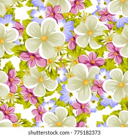 Floral seamless pattern of several flowers and leaves. For design of cards, invitations, posters, banners, greeting for birthday, Valentine's day, wedding, party. Vector illustration.