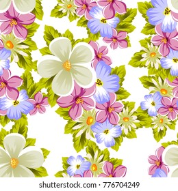 Floral seamless pattern of several flowers and leaves. For design of cards, invitations, posters, banners, greeting for birthday, Valentine's day, wedding, party. Vector illustration.