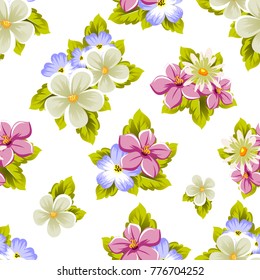 Floral seamless pattern of several flowers and leaves. For design of cards, invitations, posters, banners, greeting for birthday, Valentine's day, wedding, party. Vector illustration.
