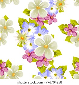 Floral seamless pattern of several flowers and leaves. For design of cards, invitations, posters, banners, greeting for birthday, Valentine's day, wedding, party. Vector illustration.