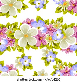 Floral seamless pattern of several flowers and leaves. For design of cards, invitations, posters, banners, greeting for birthday, Valentine's day, wedding, party. Vector illustration.