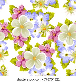 Floral seamless pattern of several flowers and leaves. For design of cards, invitations, posters, banners, greeting for birthday, Valentine's day, wedding, party. Vector illustration.