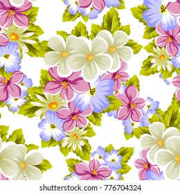 Floral seamless pattern of several flowers and leaves. For design of cards, invitations, posters, banners, greeting for birthday, Valentine's day, wedding, party. Vector illustration.
