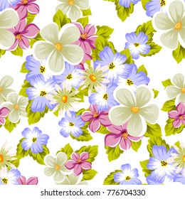 Floral seamless pattern of several flowers and leaves. For design of cards, invitations, posters, banners, greeting for birthday, Valentine's day, wedding, party. Vector illustration.