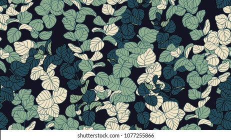 Floral seamless pattern, shade of green Silver Dollar Eucalyptus leaves on black background, line art ink drawing Floral seamless pattern, shade of green Silver Dollar Eucalyptus leaves on black background, line art ink drawing