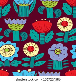 Floral seamless pattern. Silhouettes of abstract flowers and leaves.Vector illustration in minimalistic flat style. Background for spring and summer seasonal designs