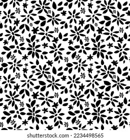 Floral seamless pattern with silhouettes flower  in style stars. Black and white hand drawn botanical background. Monochrome botanical wallpaper with simple plants.