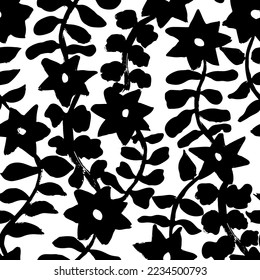 Floral seamless pattern with silhouettes flower and leaves in style stars. Black and white hand drawn botanical background. Monochrome botanical wallpaper with simple plants.