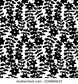 Floral seamless pattern with silhouettes flower and leaves in style stars. Black and white hand drawn botanical background. Monochrome botanical wallpaper with simple plants.