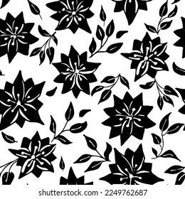 Floral seamless pattern with silhouettes flower in style stars. Black and white hand drawn botanical background. Monochrome botanical wallpaper with simple plants.