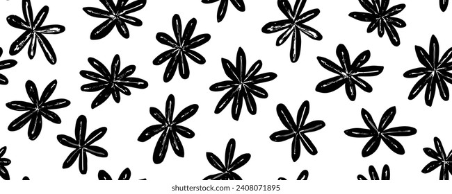 Floral seamless pattern with silhouettes flower  in style stars. Black and white hand drawn botanical background. Monochrome botanical wallpaper with simple plants.