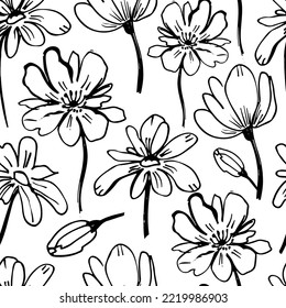 Floral sin costuras con siluetas flamencas y manzanilla. Fondo botánico dibujado a mano blanca y negra. Papel mural botánico monocromo con plantas simples