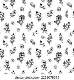 Floral sin costuras con siluetas flamencas y manzanilla. Fondo botánico dibujado a mano blanca y negra. Papel mural botánico monocromo con plantas simples