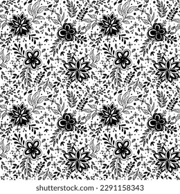 Floral seamless pattern with silhouettes flowers chamomile, aster, rose and exotic leaves. Black and white hand drawn botanical background. Monochrome botanical wallpaper with simple plants