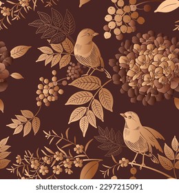 Floral seamless pattern. Silhouettes of hydrangea flowers, berries, twigs and leaves. Birds and flowers. Gold foil on brown background. Vector illustration. Design for textile, wallpaper, paper.