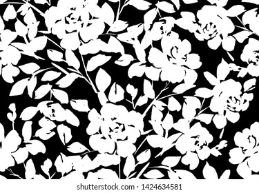 Floral seamless pattern. Silhouettes made of roses and petals. Decorative botanical background with flat large flowers for wallpaper, textiles, fabric, clothes, jacket, souvenirs, wrapper or surface. 