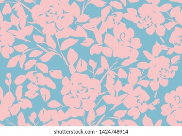 Floral seamless pattern. Silhouettes made of roses and petals. Decorative botanical background with flat large flowers for wallpaper, textiles, fabric, clothes, jacket, souvenirs, wrapper or surface. 