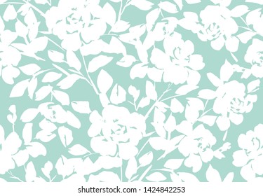 Floral seamless pattern. Silhouettes made of roses and petals. Decorative botanical background with flat large flowers for wallpaper, textiles, fabric, clothes, jacket, souvenirs, wrapper or surface. 