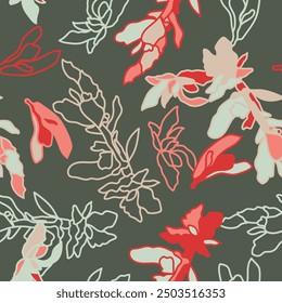Floral seamless pattern. Silhouettes made of wild and meadow flowers and petals. Botanical painting for textiles, fabrics, clothes, jacket and wrapper