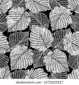 Floral seamless pattern with silhouettes and outline leaves.. Vector. Black and white hand drawn nature illustration.  Perfect for design templates, wallpaper, wrapping, fabric, print and textile. 