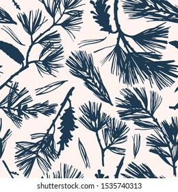 Floral seamless pattern. Silhouettes of spruce branches and pine cones. Tree elements in vintage style. Flat botanical background. Textile and fabric design. 