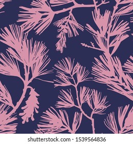 Floral seamless pattern. Silhouettes of spruce branches and pine cones. Tree elements in vintage style. Flat botanical background. Textile and fabric design. 