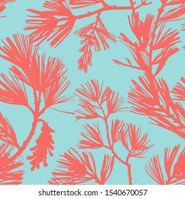 Floral seamless pattern. Silhouettes of spruce branches and pine cones. Tree elements in vintage style. Flat botanical background. Textile and fabric design. 