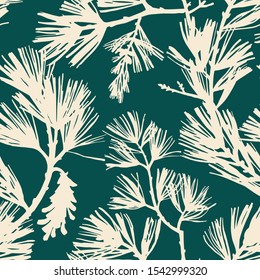 Floral seamless pattern. Silhouettes of spruce branches and pine cones. Tree elements in vintage style. Flat botanical background. Textile and fabric design. 