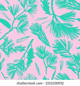 Floral seamless pattern. Silhouettes of spruce branches and pine cones. Tree elements in vintage style. Flat botanical background. Textile and fabric design. 