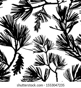 Floral seamless pattern. Silhouettes of spruce branches and pine cones. Tree elements in vintage style. Flat botanical background. Textile and fabric design. 