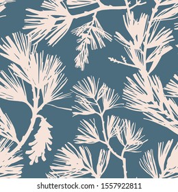 Floral seamless pattern. Silhouettes of spruce branches and pine cones. Tree elements in vintage style. Flat botanical background. Textile and fabric design. 