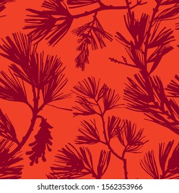 Floral seamless pattern. Silhouettes of spruce branches and pine cones. Tree elements in vintage style. Flat botanical background. Textile and fabric design. 