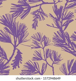 Floral seamless pattern. Silhouettes of spruce branches and pine cones. Tree elements in vintage style. Flat botanical background. Textile and fabric design. 