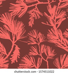 Floral seamless pattern. Silhouettes of spruce branches and pine cones. Tree elements in vintage style. Flat botanical background. Textile and fabric design. 