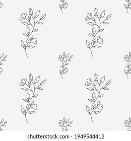 Floral seamless pattern. Simle black linear flower isolated on white background for wrapping, greenery and wallpaper. Nature texture vector seamless pattern. Linear black foliage for cover and decor