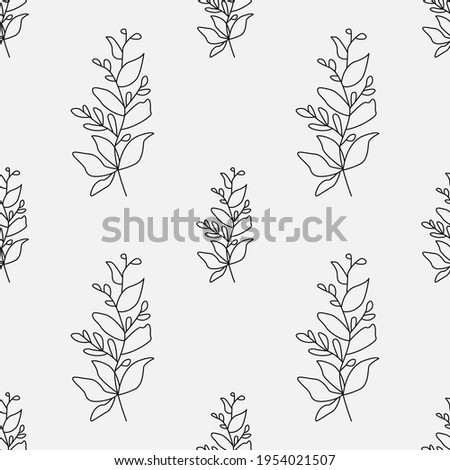 Floral seamless pattern. Simle black linear flower isolated on white background for wrapping, greenery and wallpaper. Nature texture vector seamless pattern. Linear black foliage for cover and decor