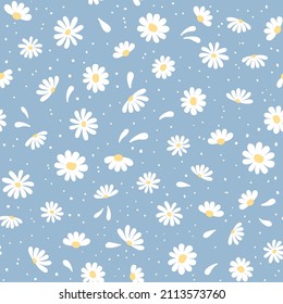 Floral seamless pattern with simple chamomile flower isolated on blue background. Can be used for fabric, wrapping paper, scrapbooking, textile, banner and other design.