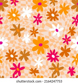 Floral seamless pattern. Simple chamomiles in cartoon style with abstract geometrical background. Colorful flower bud silhouettes on checkered polygonal texture all over the print. Cute daisies.