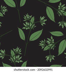 Floral seamless pattern with simple colored eucalyptus branches. Delicate  background for fabrics, clothes, linen, printing on stationery, web. Eucalyptus leaves on black background.