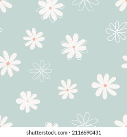 Floral seamless pattern with simple flower in light turquoise background. Can be used for fabric, wrapping paper, scrapbooking, textile and other design.