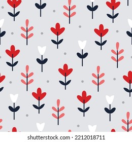 Patrón floral sin fisuras. Flores simples y hojas aisladas en un fondo gris.  Ilustración plana vectorial para el diseño de tela, papel y otras superficies