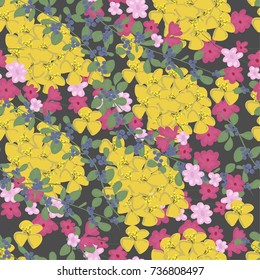 Floral seamless pattern with simple flowers on grey. Cute background with yellow, pink flowers and leaves. Cover for textile production or scrapbooking paper.