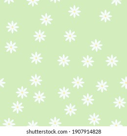 Floral seamless pattern, simple ornament of white daisy flowers in random order on the light green background, repeat vector illustration for textile, gift paper