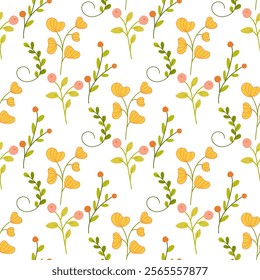 Floral seamless pattern, simple plants. on white background.