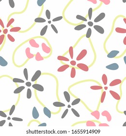 Floral seamless pattern. Simple print with flowers and abstract shapes. Cute vector illustration.