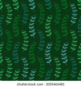 Floral seamless pattern. Simple rustic wildflowers wallpaper on a deep green background.