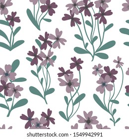 Floral seamless pattern. Simple spring or summer graphic design for paper, textile print, page fill. Purple flowers and leaves. Hand drawn modern and original textile, wrapping paper, wall art design