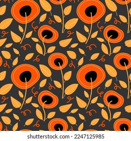 Patrón floral sin fisuras. Flores de amapola de estilo sencillo. Decoración de puntos y líneas. Flores de amapola brillantes de fondo oscuro. Ilustración del vector