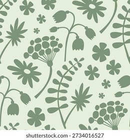 Floral seamless pattern with simplified silhouette shapes in monotone color.