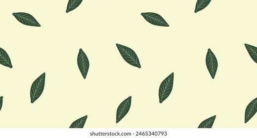 Floral seamless pattern. Simply green leaves ornamental texture on yellow background. Flourish nature summer garden textured background textile wrapping paper design